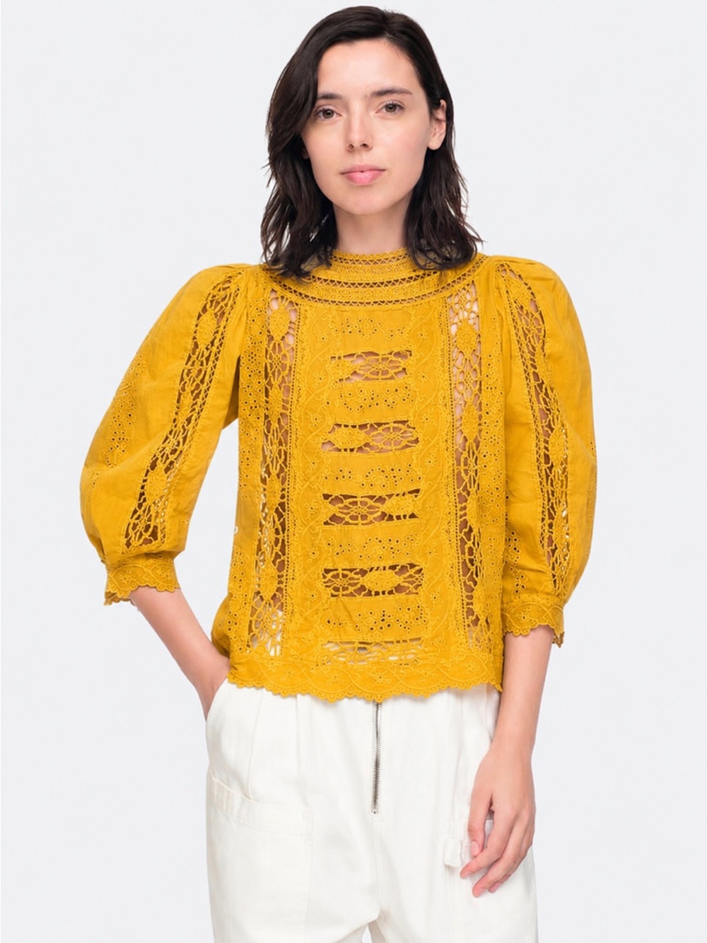 Sea New York Lea Mustard Yellow Lace Blouse Boho Eyelet Puff-Sleeve Top Size 2